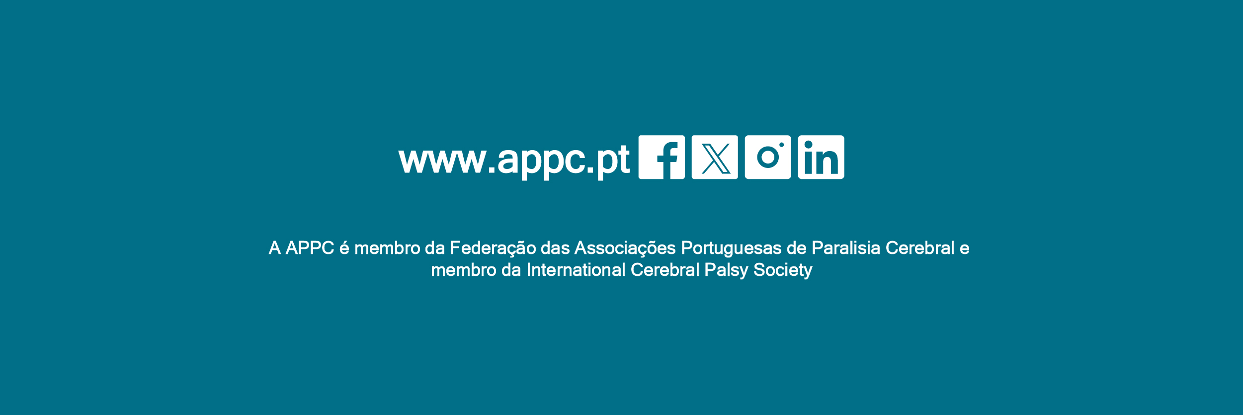 Ícones  brancos sob fundo azul com sítio  institucional e redes sociais da APPC